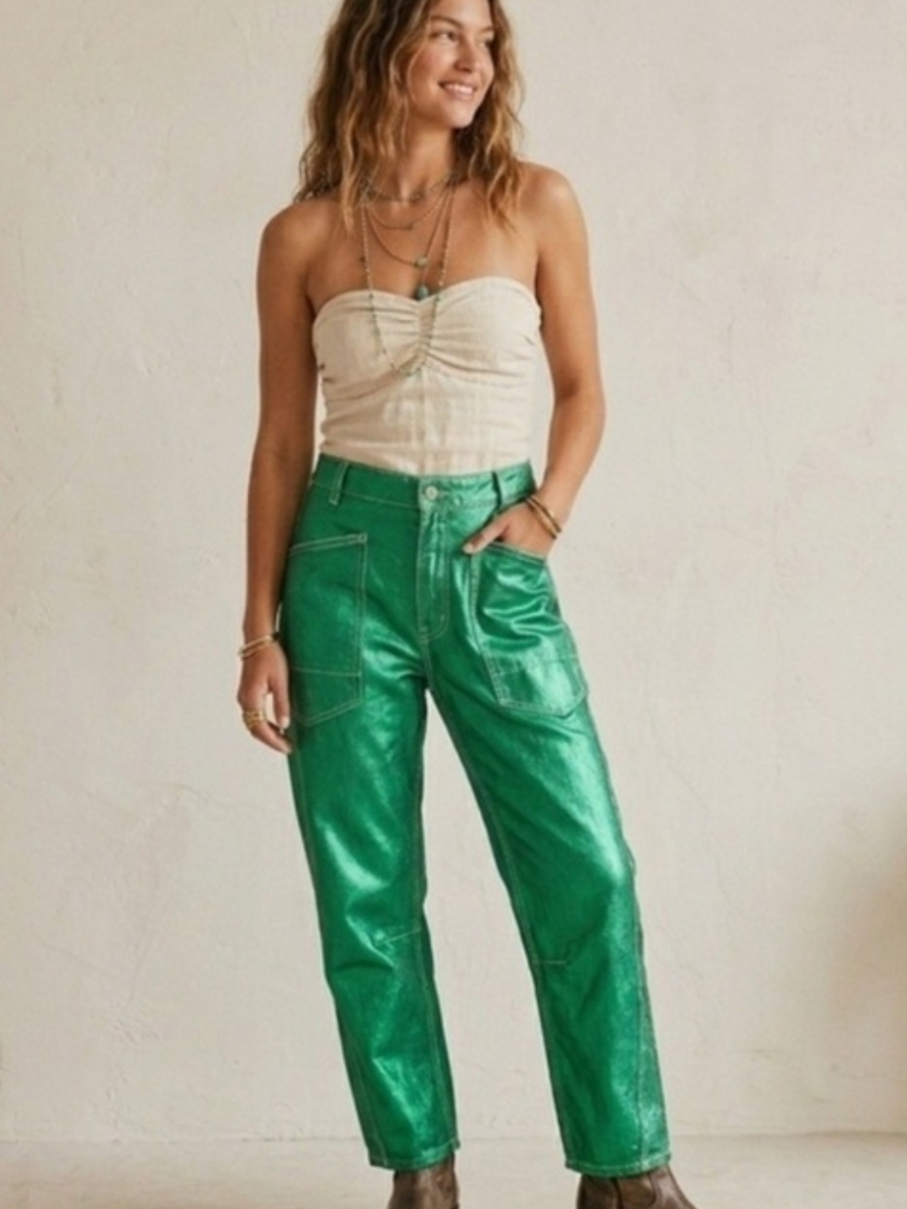 Free People We The Free Minimalist Moxie Distressed Metallic Green Pants